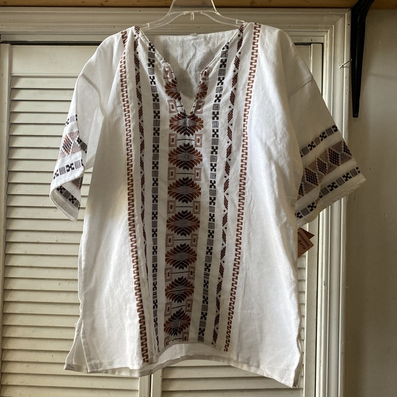 Mexican Artisan Shirt Mens Beige Guayabera Embroidered Beach Resort Coast sz L