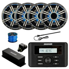 Kicker KMC3 Marine BT Radio, 4x 6.5" 195W LED Speaker, Silver Grille,Extras