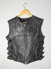 Mens Black Leather Vest | Biker Motorcycle SWAT Style | Adjustable Tactical Vest