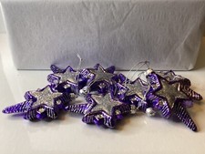 Seven Blown Glass Purple And Silver Star Shaped Christmas Ornaments