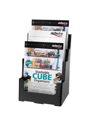DEFLECTO Multi-Tier Literature Display Holder for Wall or Desktop 3 x A4 Pockets Black