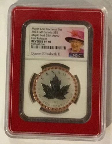 2023 QUEEN ELIZABETH $5 1 OZ CANADA SILVER NGC PF70 35TH MAPLE LEAF ROSE GOLD FR