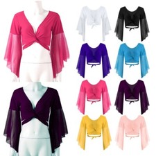 Women's 3/4 Tulle Flared Sleeve Ballroom Belly Latin Dance Top Costumes Crop Top