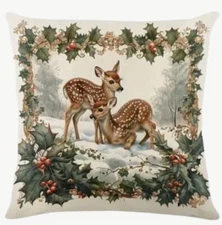 Deer Nature Fall Christmas Berries Holiday Linen Throw Pillow Cover Home Decor