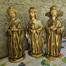 Christmas Vintage 3 Kings Magi Wise Men Paper Mache Large Figurine Gold Nativity