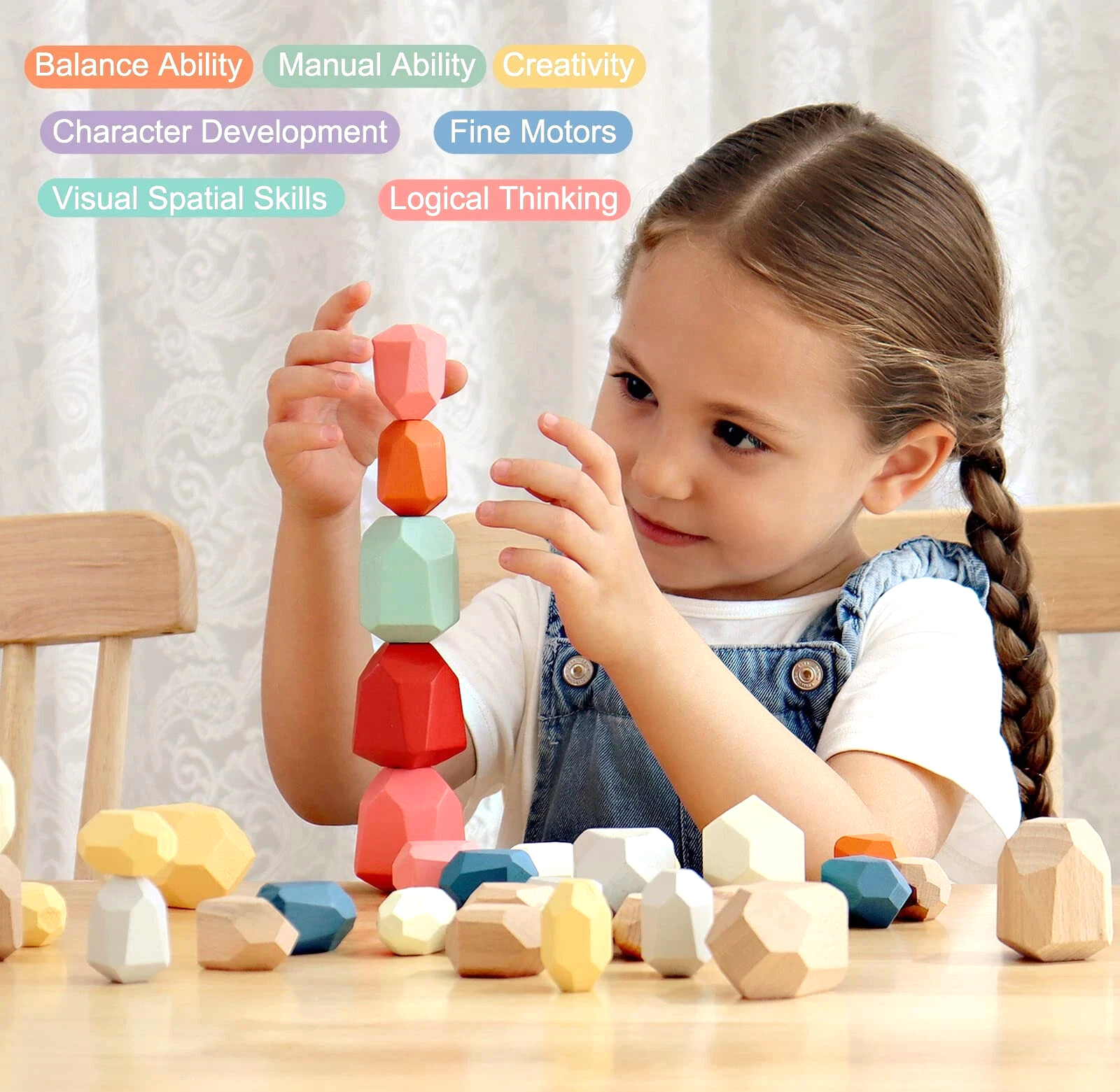 36 Piece Balancing Wooden Stone Blocks for Toddlers Multicolored Stacking Stones