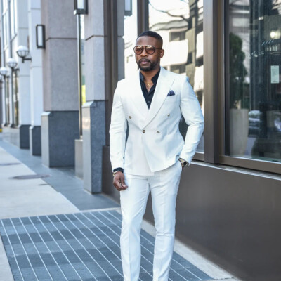White Business Men Formal Prom Suits Slim Fit Peak Lapel Double Breasted  Custom | eBay