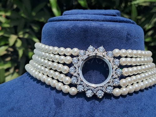 5 Row Pearl choker Necklace with semi mount Diamond or Gemstone in 925 Silver - Picture 5 of 6