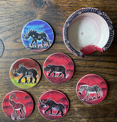 NEW Coaster Set Soapstone Kenya Africa Wild Animal safari Zebra Rhino Giraffe 6