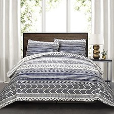 Hygge Geo Pattern Striped 3 Piece Bedding Set King Navy  White Quilt