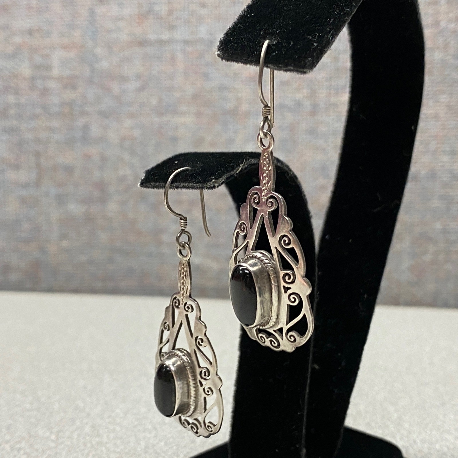 Silver Tone Black Onyx Dangle Statement Earrings … - image 3
