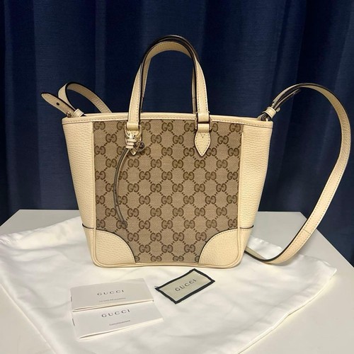 GUCCI GG Canvas 2Way Tote Shoulder Bag Beige Off White Leather Strap Auth