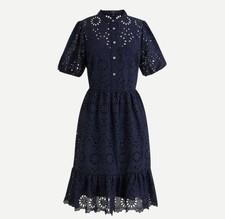 NWT J.Crew Puff sleeve Navy Embroidered Eyelet Dress Lined Cotton Cottage Size 4