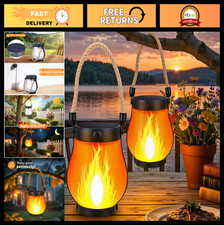 2 Pack Solar Flame Lanterns - Waterproof Flickering Hanging Lights, USB Solar
