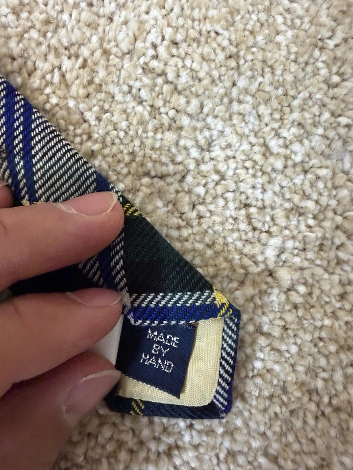 Vtg Polo Ralph Lauren HandMade Wool Plaid Tie Navy Green Yellow Made in USA - Image 3 of 4