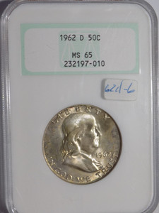 1962-D Franklin Silver Half Dollar - NGC MS65 - Old Fatty Holder, Green Label