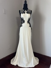 Camille La Vie Beaded Mesh Backless Ivory Black Gown, Scoop Neck, Size 2