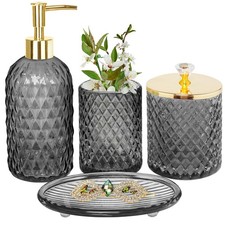 Gray Glass Bathroom Set, 4-Piece - Lotion Soap Dispenser, Toothbrush Holder, ...