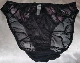 Vintage Felina Bikini Panties w Floral Embroidery Sheer Netted Black M 36