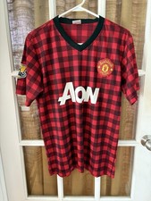 MANCHESTER UNITED MEN'S RED/BLACK CHECK S/S SOCCER TEE /JERSEY SZ L FITS LIKE M