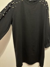Black Faux Pearls Beaded Long Sleeve Sweatshirt Dress Very Elegant and Simple XL