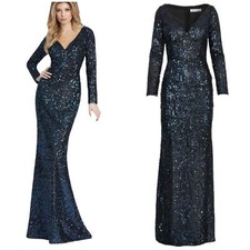 Mac Duggal NWT Long Sleeved Sequined Gown Size 6 Midnight Blue V-Neck Paillette