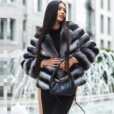New Women Trendy Real Rex Rabbit Fur Coat Winter Chinchilla Notched Lapel Jacket