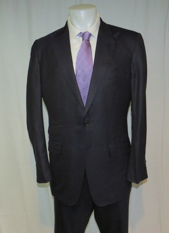 Tom Ford Fit Y Current 海军蓝条纹丝绸混纺双纽扣套装 44L — 第 3/4 张图片