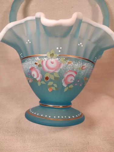 Fenton Charleston Collection Blue Floral Glass Basket Artist & Bill Fenton Sign⬇