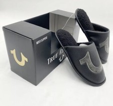 True Religion Premium Leather Slippers Slides Black Gray Men s Sz S 7/8 NEW