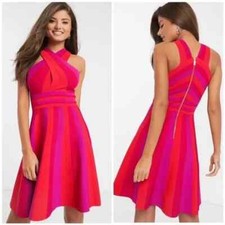 TED BAKER Pink Colorblock Cross-Over Stretch Knit Flare Skater Dress 6 = 14/16