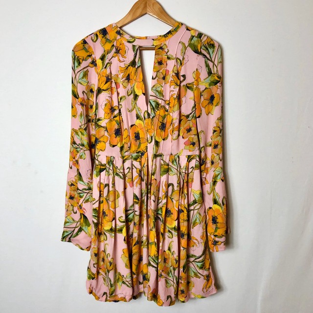 NWT 128 FREE PEOPLE Pink Orange Floral Print Tegan Long Sleeve Pleated