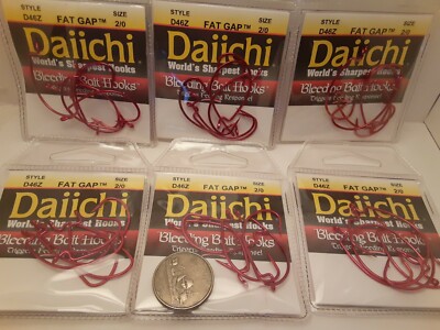 6-pack LOT Daiichi Bass red WORM Hooks  2/0 fat Gap Bleeding  D46Z