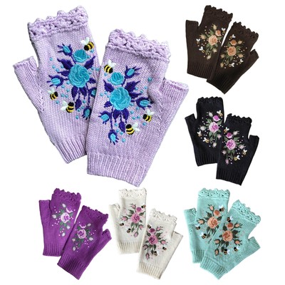 Women Embroidered Gloves Flower Fingerless Knit Gloves Adult Gloves Mittens