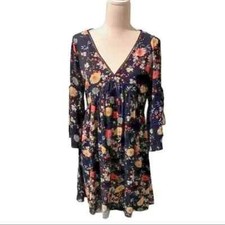 Umgee Sz Small Navy Floral Bell Sleeve BOHO Dress V Neck Ltwht Slits Embroidery