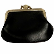 Vintage Black Leather Double Clasp Coin Purse Kiss Lock with 2 Compartments