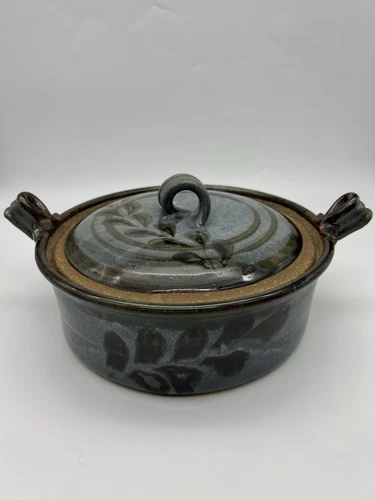 Pottery Casserole w/Lid Hand Thrown Studio Art Blue Drip Glaze Leaf Signed 8.5"W