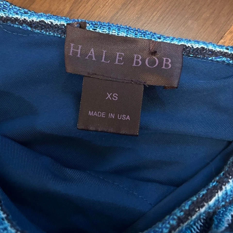 Vestido Hale Bob XS Tejido Azul Patrón Ondulado Funda Mini Cóctel Sin Cinturón Foto 3 de 4