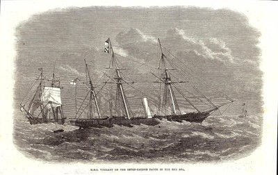 Original antiker Druck von 1868 ''H.M.S. Wachsamkeit auf dem 7-Klafter Patch, das rote Meer''