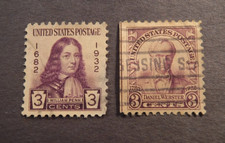 Scott#724 & 725,  1932-33,  3 Cent ,  William Penn & Daniel Webster Used Stamps.