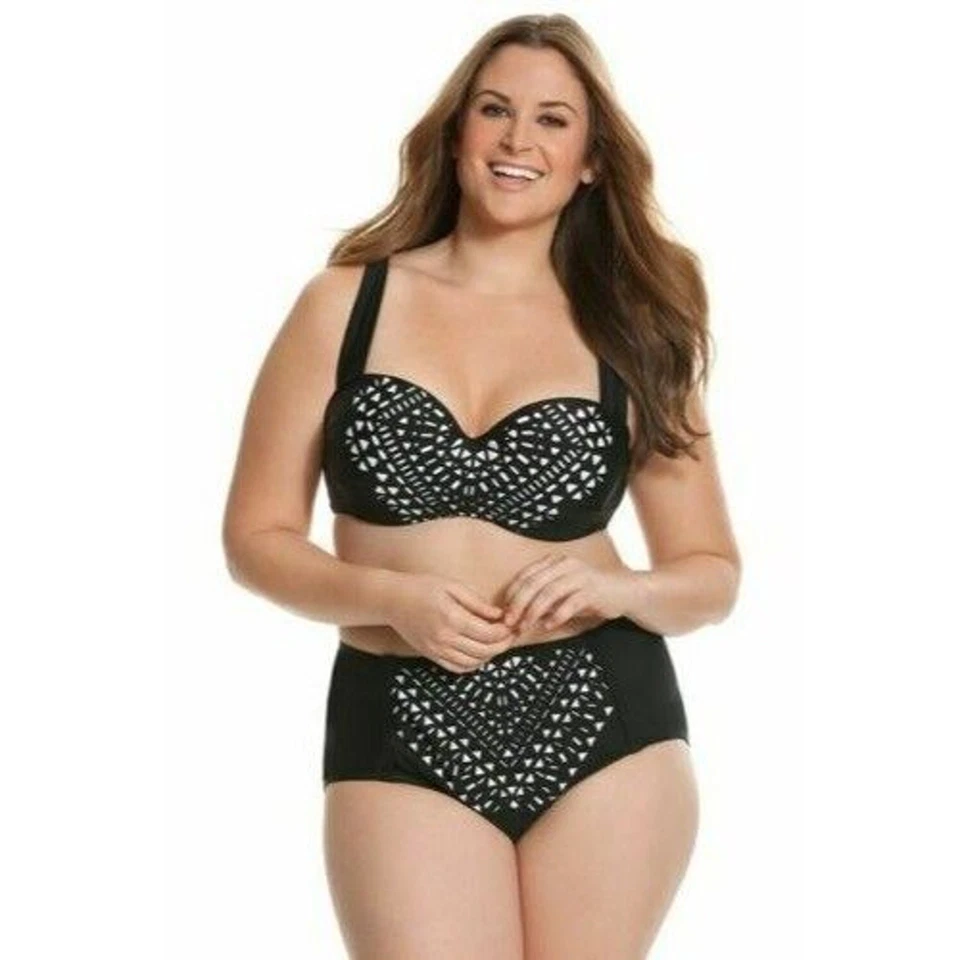 NUEVO Fondo de Natación Cacique by Lane Bryant Corte Láser Negro Blanco Geométrico Talla 26 Foto 2 de 4