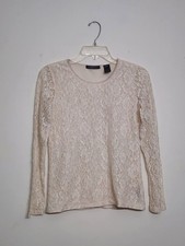 Vintage Liz Claiborne Y2K White Gold Shimmer Sheer Lace Long Sleeve Top Sz Small