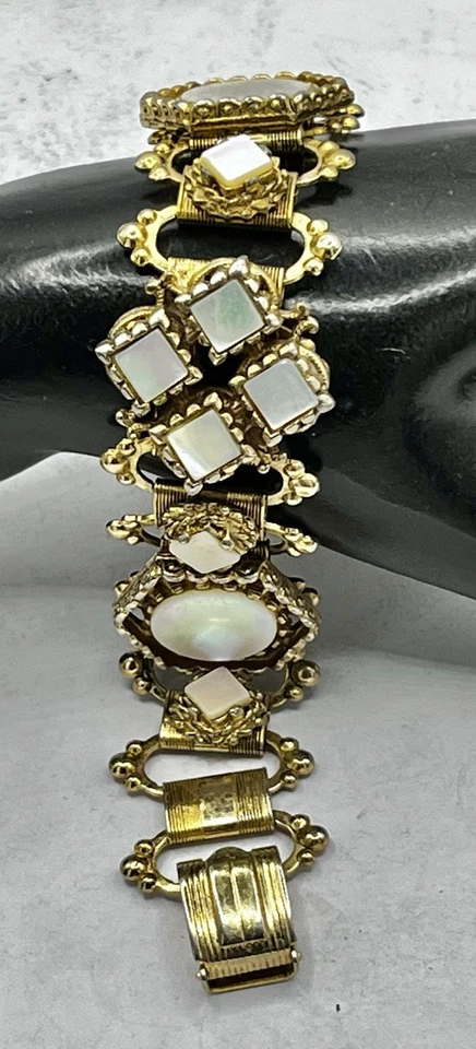 Vintage Bracelet Book Link Chain Goldtone Mother Of Pearl Victorian Revival - Image 3 of 4