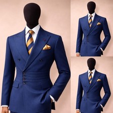Blue 2PCS Men's Suits Peak Lapel Regular Fit Coat Business Formal Jacket Tuxedos