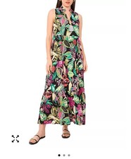 Vince Camuto Women's Printed Split-Neck Tiered Dress w Pockets Size Small