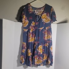 SO Short Sleeve Floral A-Line Dress Blue Yellow V-Neck Size M