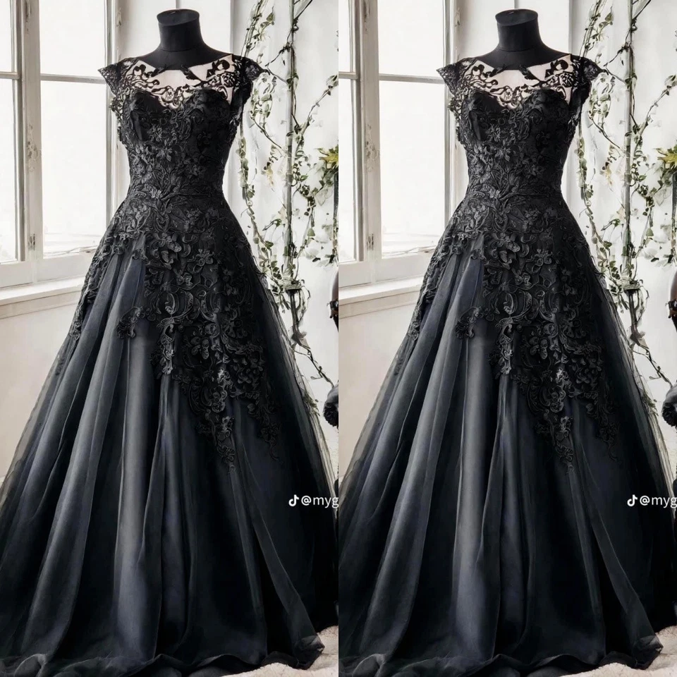 Gotische schwarze Brautkleider  ärmellos Vintage Kurzarmel Tulle Brautkleider - Bild 1 von 4