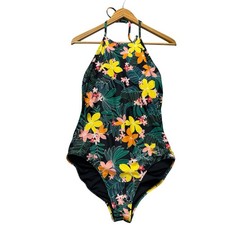 Old Navy Womens Swimsuit Medium Black Floral One Piece Swim High Neck Halter