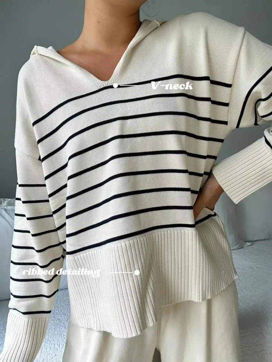 Zara ecru navy nautical stripe knit sweater polo sailor collar oversized jumper
