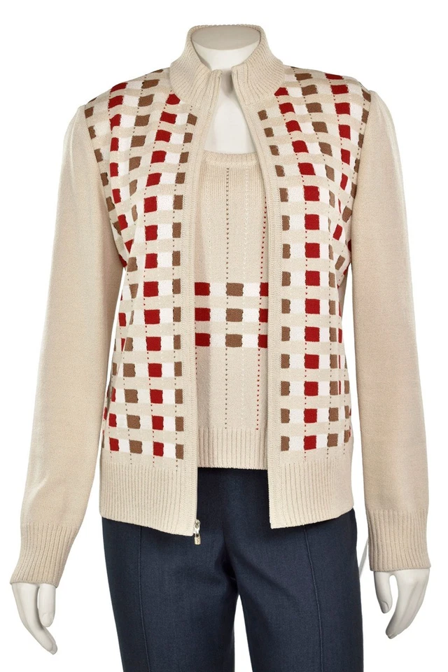 St. John Knits Twinset sz P - 2Pc Birch/Red Check 2Pc Cardigan & Top Sweater Set - Image 2 of 4